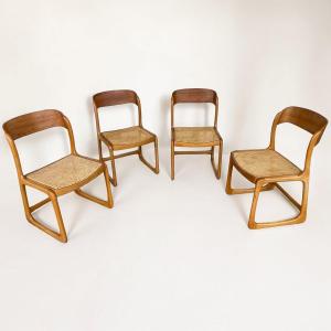 Baumann - Suite Of 4 Cane Sled Model Chairs In Light Wood
